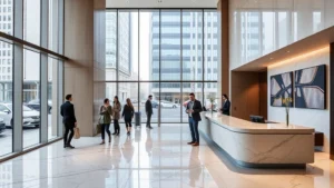Sleek contemporary downtown hotel lobby with marble flooring, modern reception desk, floor-to-ceiling windows revealing busy city street below, guests checking in, minimalist design aesthetic