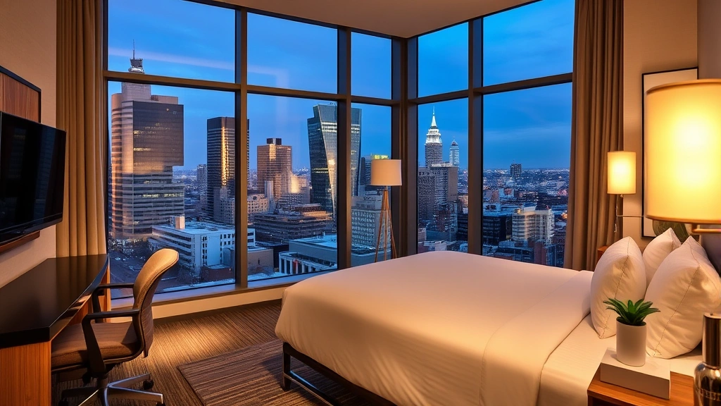 Modern downtown hotel room with city skyline views through floor-to-ceiling windows, contemporary furnishings, ambient lighting, comfortable bed with premium linens, work desk, contemporary bathroom visible