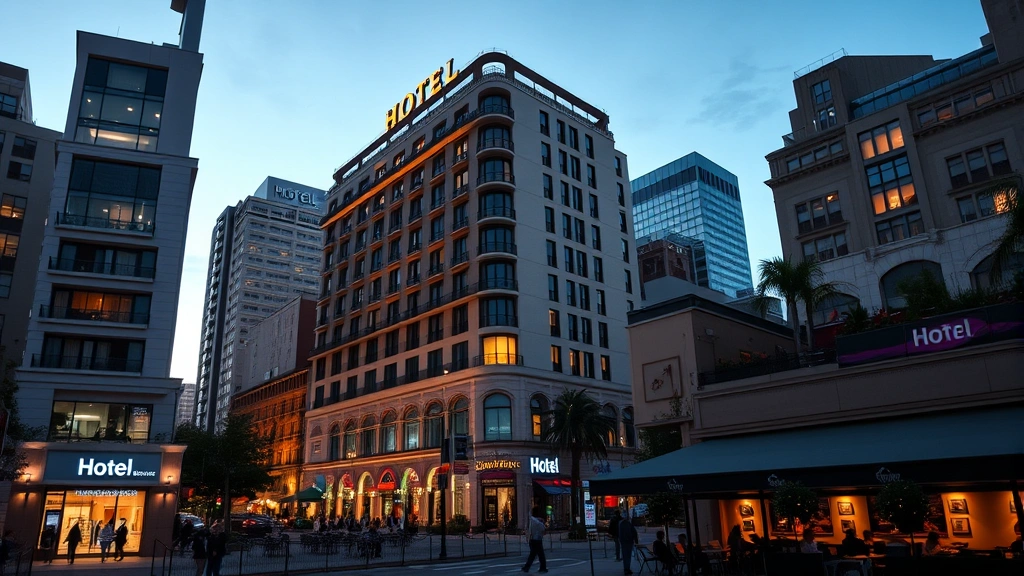 Downtown cityscape at dusk showing illuminated hotel buildings, street-level storefronts, pedestrian activity, restaurants with outdoor seating, urban energy, modern architecture lit against evening sky