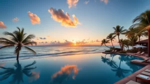 Luxurious beachfront infinity pool overlooking Pacific Ocean at sunset with palm trees and comfortable lounge chairs, tropical resort setting, no visible text or signage