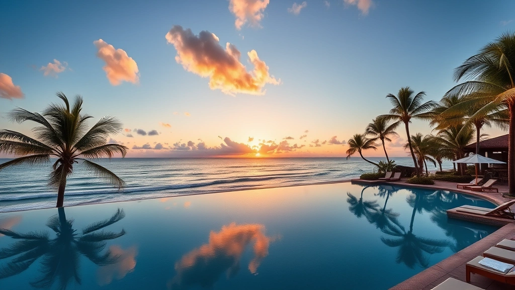 Luxurious beachfront infinity pool overlooking Pacific Ocean at sunset with palm trees and comfortable lounge chairs, tropical resort setting, no visible text or signage
