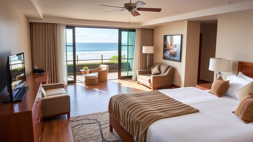 Spacious oceanfront hotel suite with modern furnishings, king bed, open balcony showing beach view, contemporary Costa Rican décor with natural wood elements and ocean light