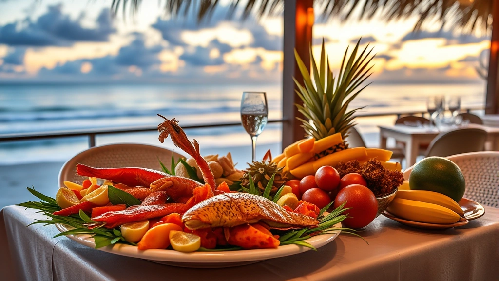 Fresh seafood and tropical fruits displayed on elegant restaurant table with ocean view backdrop, beachfront dining setup with sunset lighting, no visible restaurant names or signage