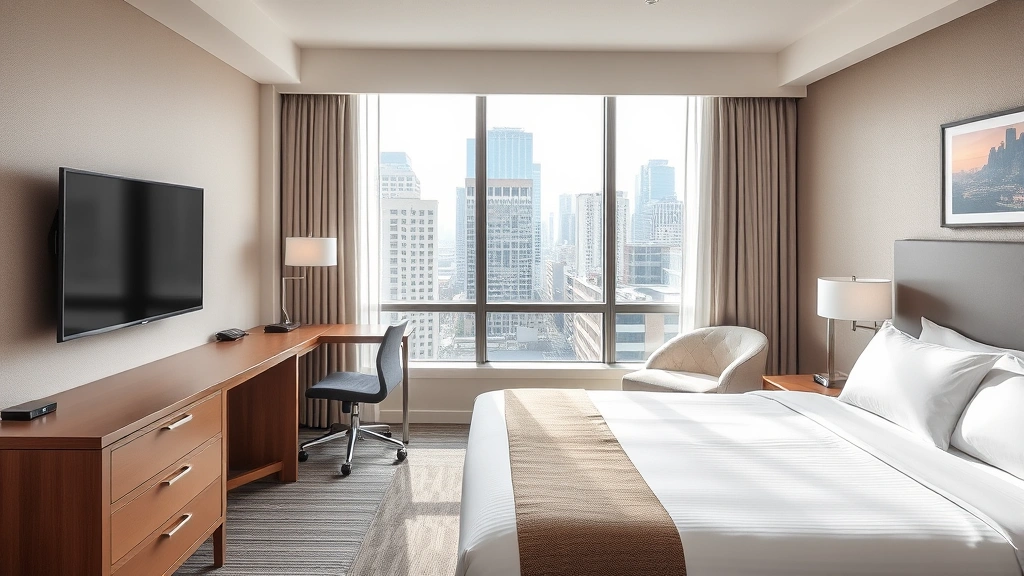 Modern hotel room interior with comfortable bed, desk workspace, flat-screen TV, and neutral color palette, bright natural light from window showing urban downtown view