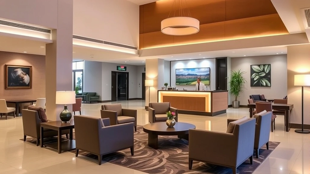 Contemporary hotel lobby or common area with clean floors, comfortable seating areas, professional front desk station, warm lighting, and modern furnishings