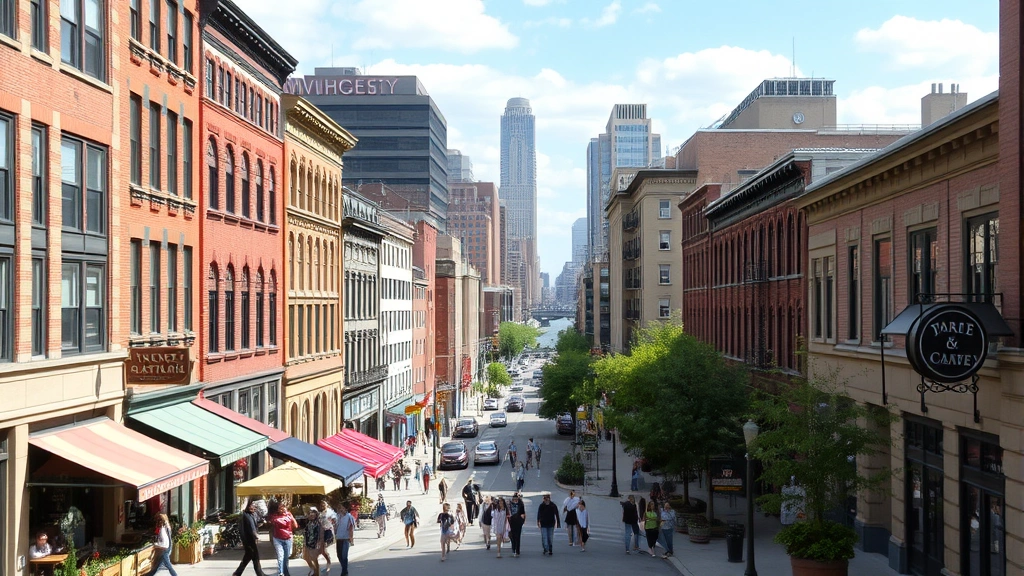 Downtown Milwaukee street view showing historic buildings, restaurants, pedestrians walking, river in background, vibrant urban neighborhood atmosphere during daytime