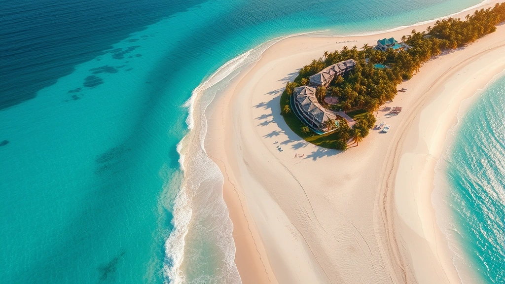 Aerial view of pristine white sand beach meeting turquoise Caribbean waters, with palm trees and resort buildings visible along the shoreline, golden hour sunlight, photorealistic tropical paradise setting
