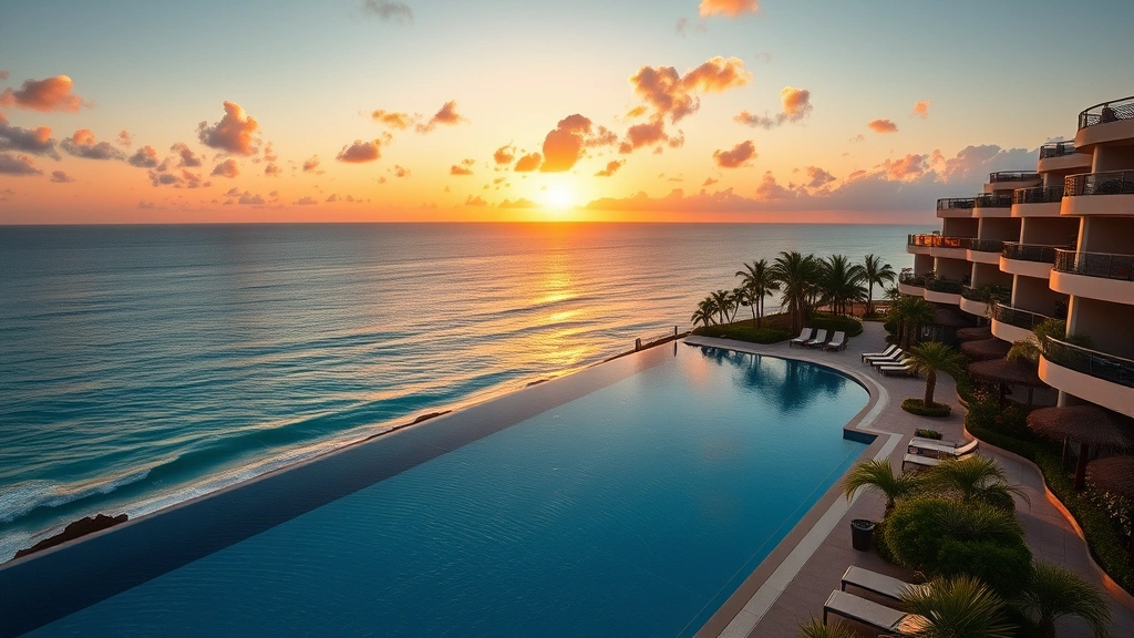 Oceanfront infinity pool overlooking turquoise sea at sunset, modern resort architecture with lounge chairs, tropical landscaping, no people visible, golden hour lighting, peaceful vacation ambiance