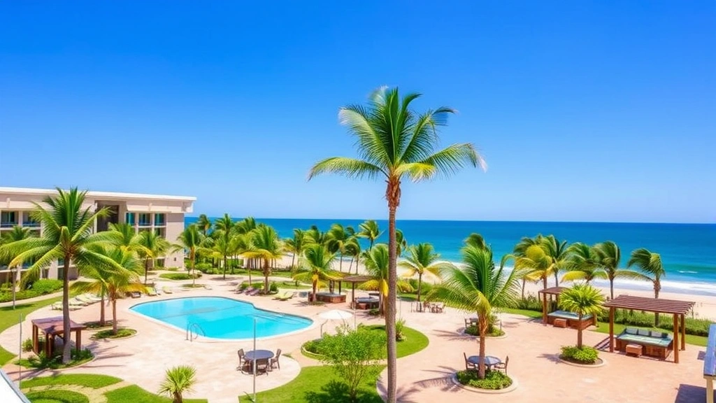 Beachfront resort courtyard with multiple palm trees, poolside cabanas, and oceanfront seating areas, clear blue sky, natural daylight, inviting tropical resort environment with no visible text or signage