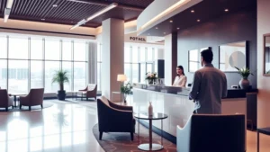 Modern hotel lobby with welcoming front desk staff greeting an early arrival guest, bright natural lighting from large windows, contemporary furniture and decor, no visible signage or text
