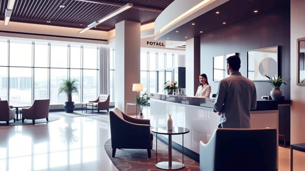 Modern hotel lobby with welcoming front desk staff greeting an early arrival guest, bright natural lighting from large windows, contemporary furniture and decor, no visible signage or text