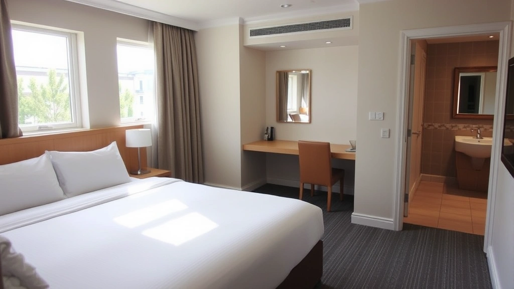 Clean, well-appointed hotel room showing bed, windows with natural light, desk area, and bathroom entrance, professionally staged and ready for occupancy, no room numbers or identifying information visible