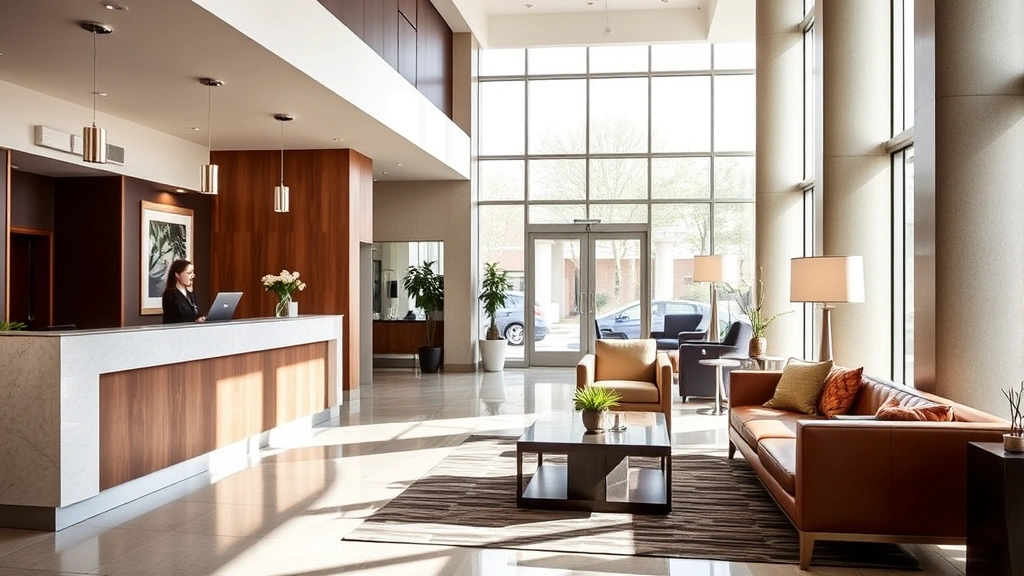 Modern hotel lobby with comfortable seating, natural light from large windows, professional front desk staff checking in guests, contemporary interior design with clean lines and neutral tones