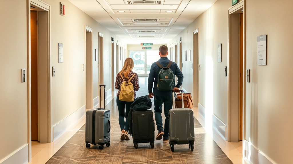 Travelers with luggage in a bright, welcoming hotel corridor with room doors, luggage carts, and directional signage, mid-morning natural lighting through hallway windows