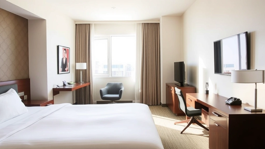 Hotel room interior showing made bed, open window with natural light, workspace desk, and clean contemporary furnishings, inviting and fresh appearance ready for guest arrival