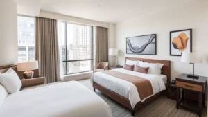 Modern hotel room interior with contemporary furnishings, clean white bedding, large window overlooking urban neighborhood, natural daylight, comfortable seating area, contemporary art on walls, professional hospitality setting