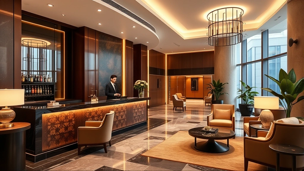 Upscale hotel lobby with elegant reception desk, marble flooring, comfortable seating areas, modern lighting fixtures, potted plants, professional staff, contemporary urban hotel aesthetic, welcoming atmosphere
