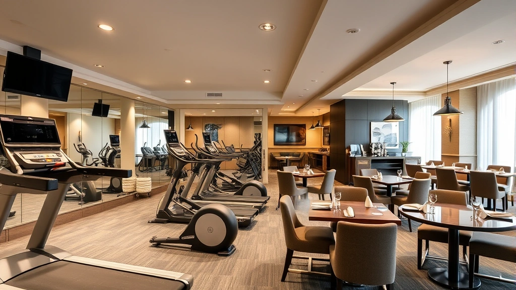 Hotel amenity space showing fitness center with cardio equipment, mirrors, proper lighting, clean modern gym environment, or alternatively hotel restaurant dining area with tables, chairs, modern decor, upscale casual atmosphere