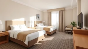 Clean, modern economy hotel room with two double beds, neutral décor, and simple furnishings in daylight, photorealistic residential style