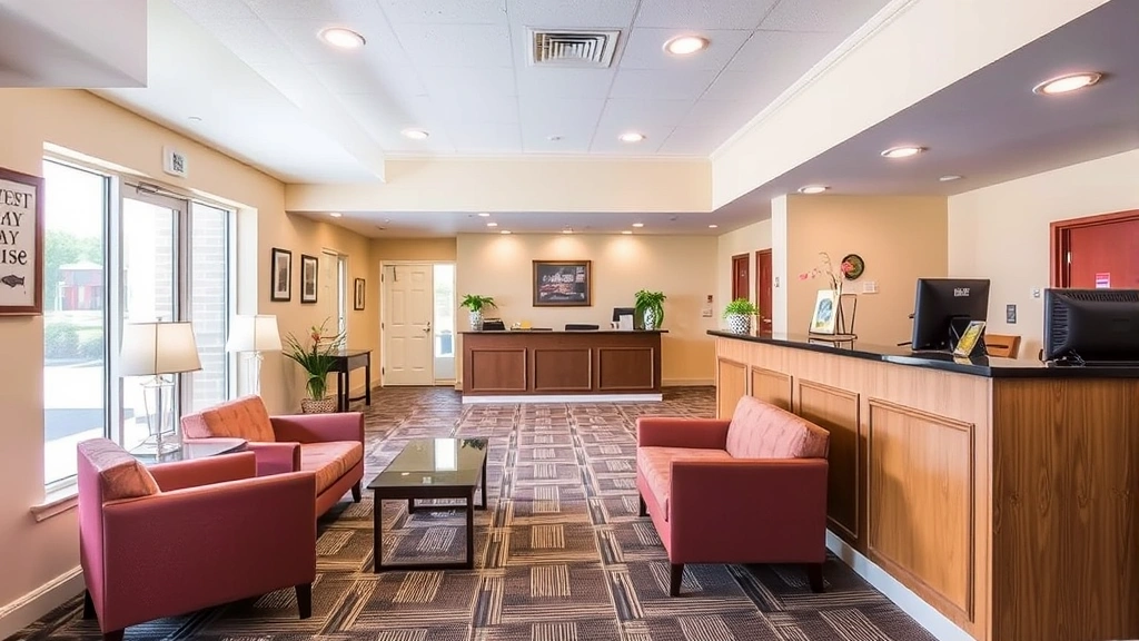 Budget-friendly hotel lobby with front desk, comfortable seating area, and welcoming atmosphere, no signage or text visible, bright natural lighting