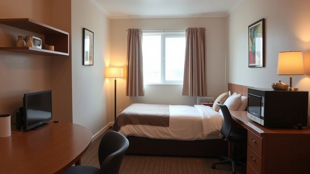 Cozy economy hotel room interior showing bed, workspace, window with curtains, and basic amenities in warm lighting, inviting residential feel