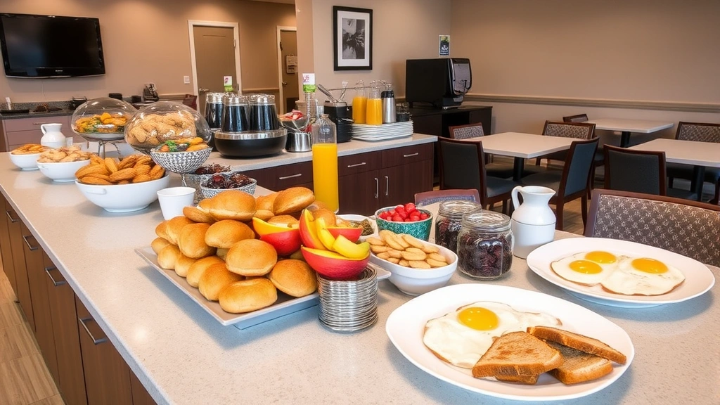 Complimentary hotel breakfast buffet setup with pastries, fresh fruit, coffee station, juice, eggs, toast, typical economy hotel dining area with tables and chairs