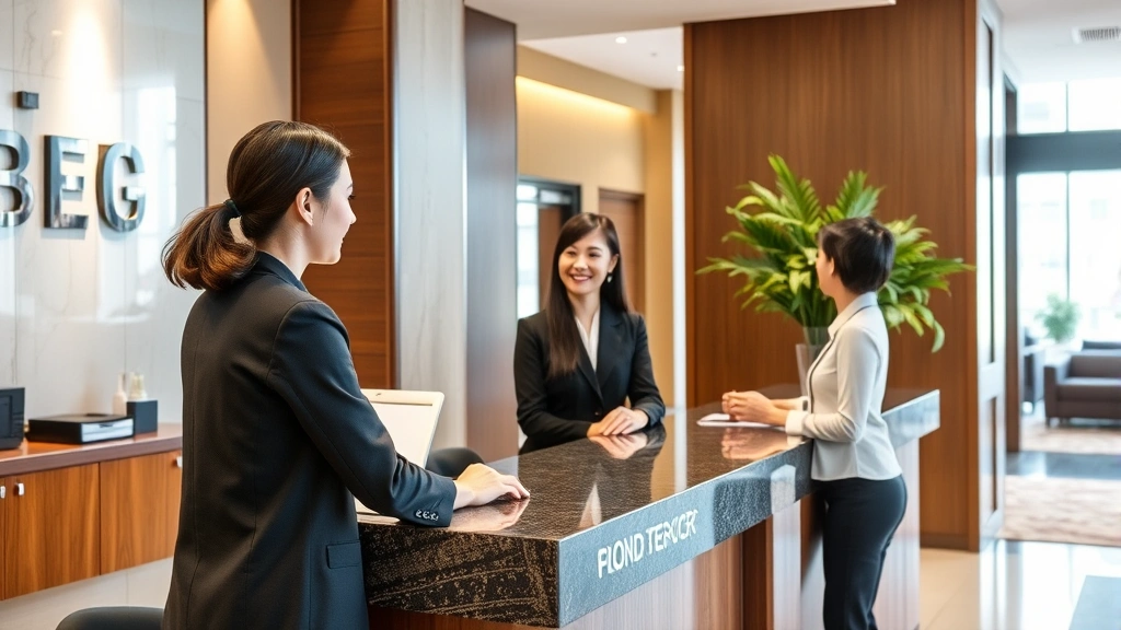Friendly hotel front desk staff member at check-in counter assisting guest, professional service environment, modern lobby with welcoming atmosphere, helpful hospitality scene