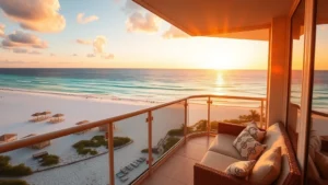 Luxurious beachfront hotel balcony overlooking pristine white sand beach and turquoise Gulf waters during golden hour sunset, comfortable seating arrangements, ocean horizon visible