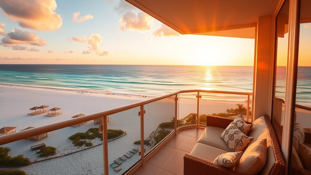 Luxurious beachfront hotel balcony overlooking pristine white sand beach and turquoise Gulf waters during golden hour sunset, comfortable seating arrangements, ocean horizon visible