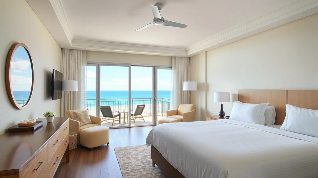 Modern hotel room interior with oceanfront balcony view, contemporary furnishings, clean white bedding, sliding glass doors opening to beach view, bright natural lighting