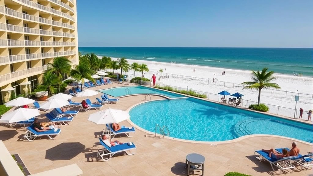 Oceanfront hotel pool area with lounge chairs, umbrellas, and guests relaxing poolside, Gulf waters visible in background, sandy beach, clear sky, tropical vacation atmosphere