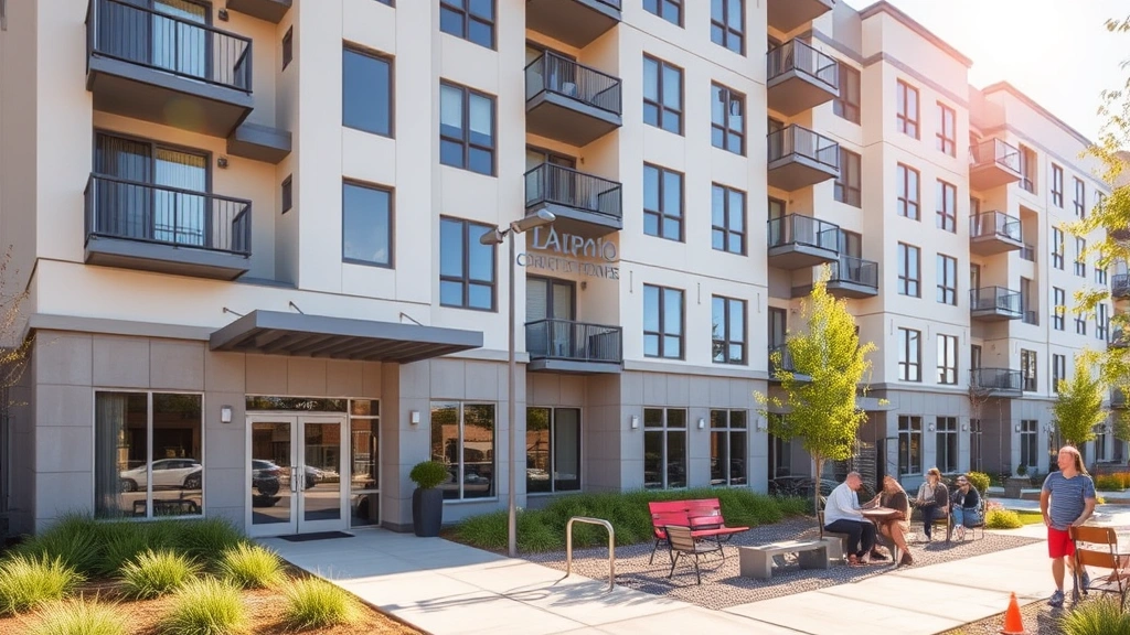 Modern apartment building exterior with welcoming entrance, landscaped courtyard, and residents enjoying outdoor seating area in afternoon sunlight