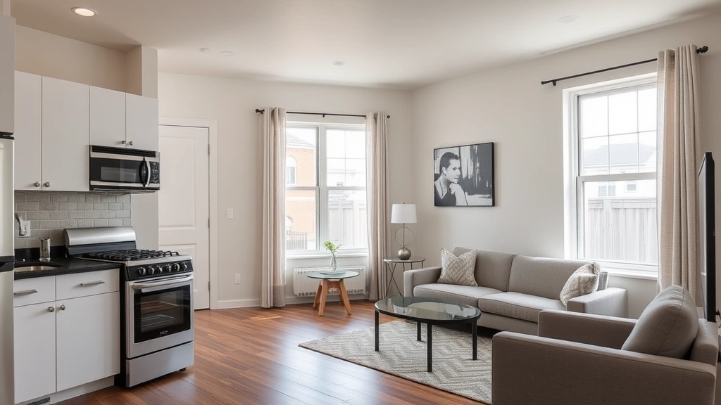 Clean apartment interior showing living room with updated appliances, bright windows, neutral furnishings, and well-maintained flooring