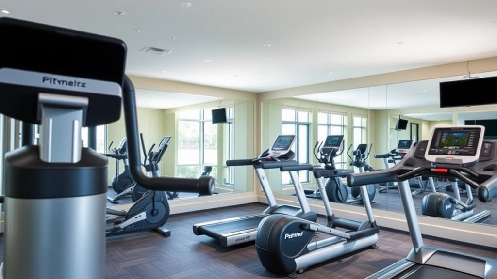 Apartment community fitness center with modern exercise equipment, mirrors, and bright lighting, showing well-maintained facility