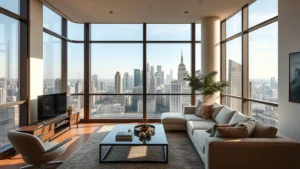Modern apartment living room with floor-to-ceiling windows overlooking city skyline, contemporary furniture, natural lighting, neutral color palette, residential interior design aesthetic
