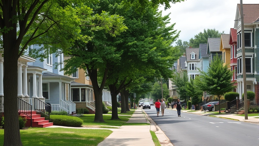Mixed-income neighborhood street with well-maintained residential buildings, tree-lined sidewalk, diverse architectural styles, community members visible, suburban residential setting