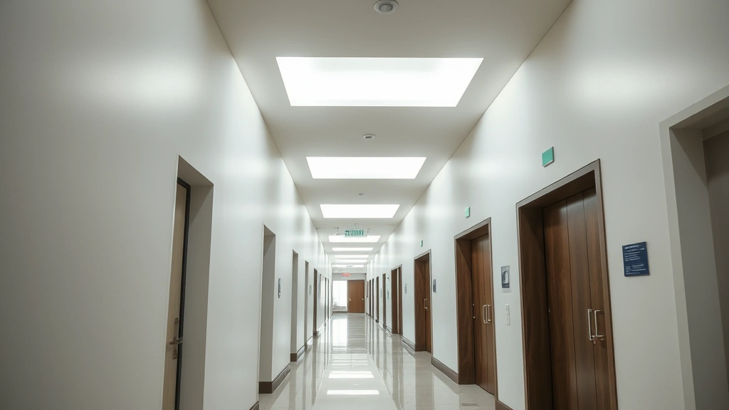 Interior hallway of upscale residential building with professional lighting, clean modern aesthetic, accessible design features, neutral decor, apartment complex common areas