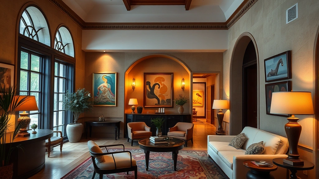 Intimate boutique hotel lobby with locally-sourced art, warm lighting, and distinctive architectural details reflecting regional design traditions, no signage or text visible