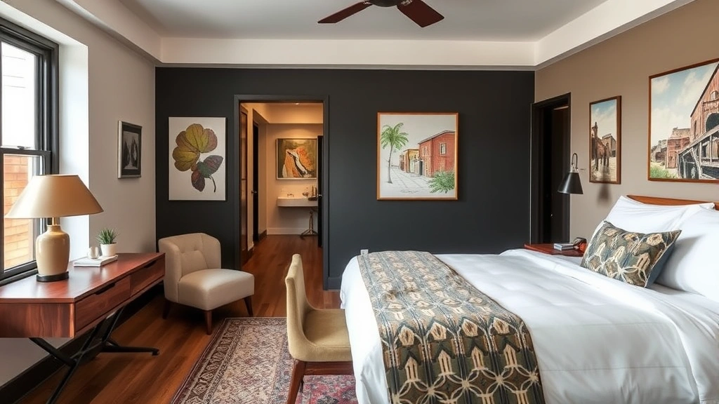 Boutique hotel guest room featuring artisanal furniture, curated local artwork, and thoughtfully designed spaces with character and personality, no identifying markers