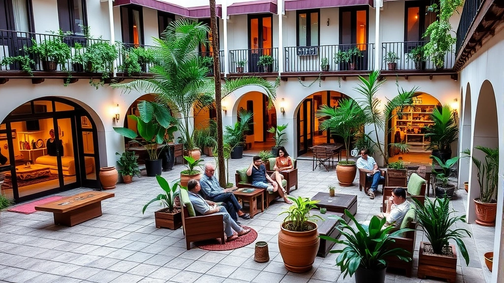 Boutique hotel courtyard or common area with guests relaxing in distinctive seating areas surrounded by plants and local design elements, warm natural lighting, no visible text or signage