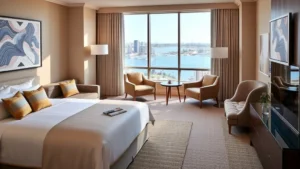 Luxury hotel suite interior with modern furnishings, premium bedding, floor-to-ceiling windows overlooking San Diego Bay, contemporary artwork, and elegant neutral color palette