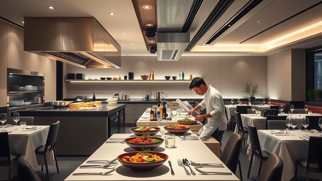 Open kitchen concept restaurant showing professional chefs preparing Japanese fusion cuisine, modern minimalist dining room with ambient lighting, white tablecloths, and sophisticated ambiance