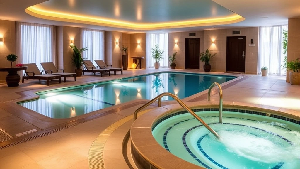 Resort spa relaxation area with heated indoor pool, hot tub, lounge seating, soft lighting, potted plants, and serene wellness environment