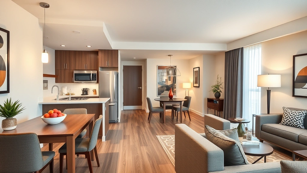 Modern extended stay hotel suite interior with full kitchen, dining area, and comfortable living space with neutral furnishings and soft lighting, photorealistic residential setting