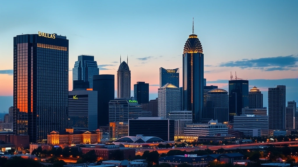 Dallas downtown skyline with hotel buildings and urban landscape at dusk, showing modern architecture and city lights reflecting off glass buildings