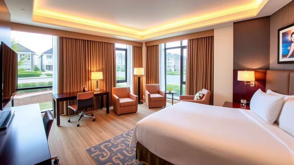 Spacious hotel suite bedroom with quality bedding, work desk, and contemporary furniture arrangement, bright natural light from windows overlooking residential area