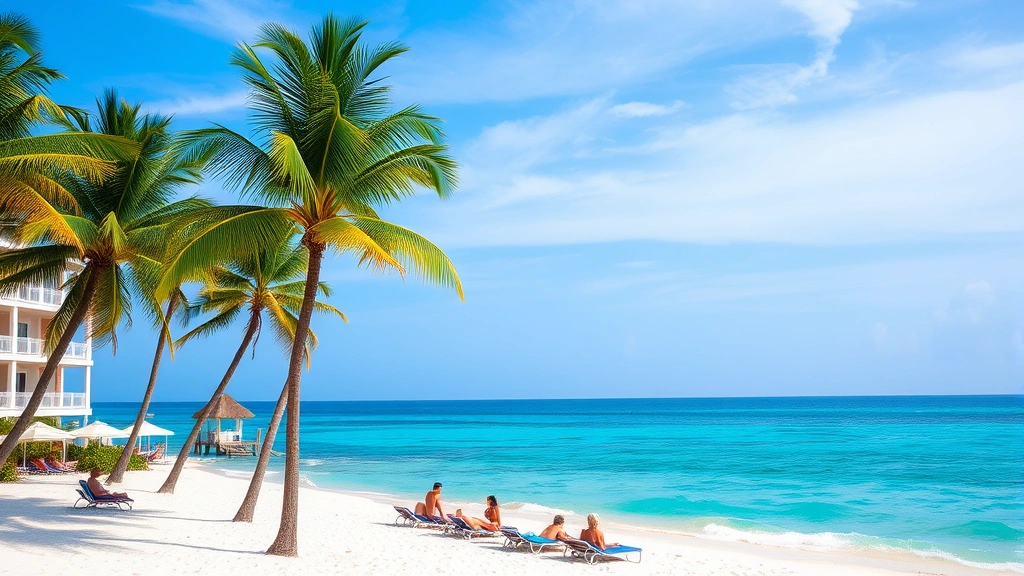 Beachfront tropical hotel with palm trees, turquoise ocean water, white sand beach, lounge chairs, and guests relaxing in Caribbean paradise setting