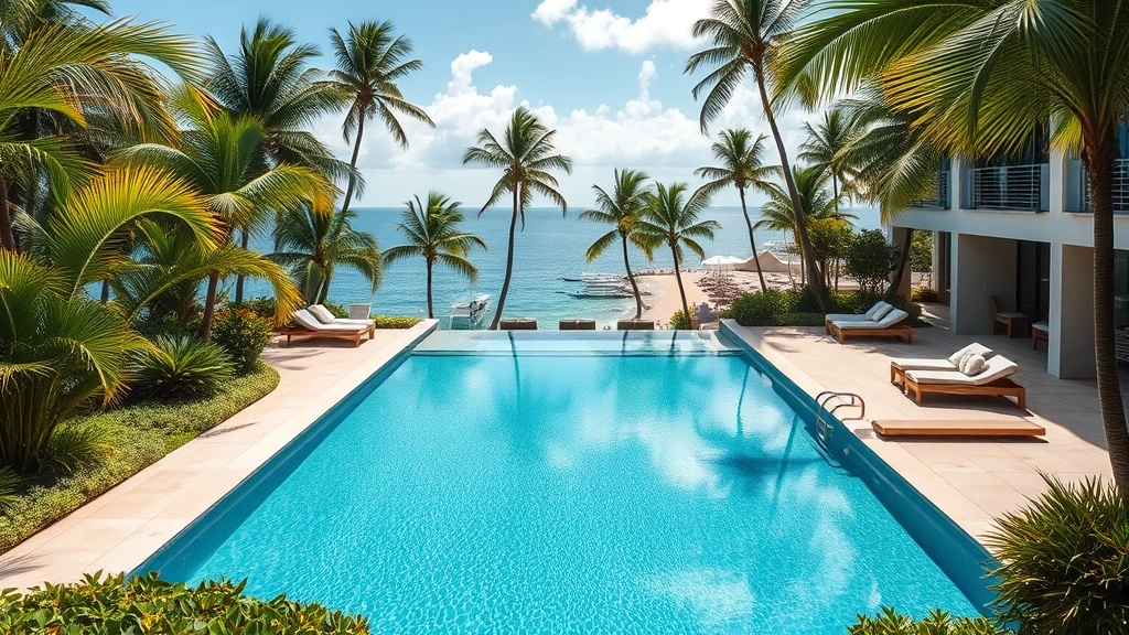 Modern resort swimming pool surrounded by tropical vegetation, ocean view in background, comfortable seating areas, clear blue water, daytime tropical atmosphere