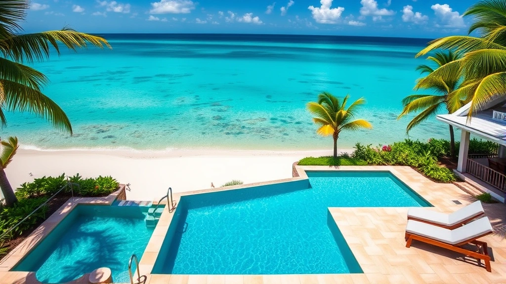 Luxury oceanfront villa with private pool overlooking pristine turquoise Caribbean waters, white sandy beach, tropical landscaping, coastal residential architecture