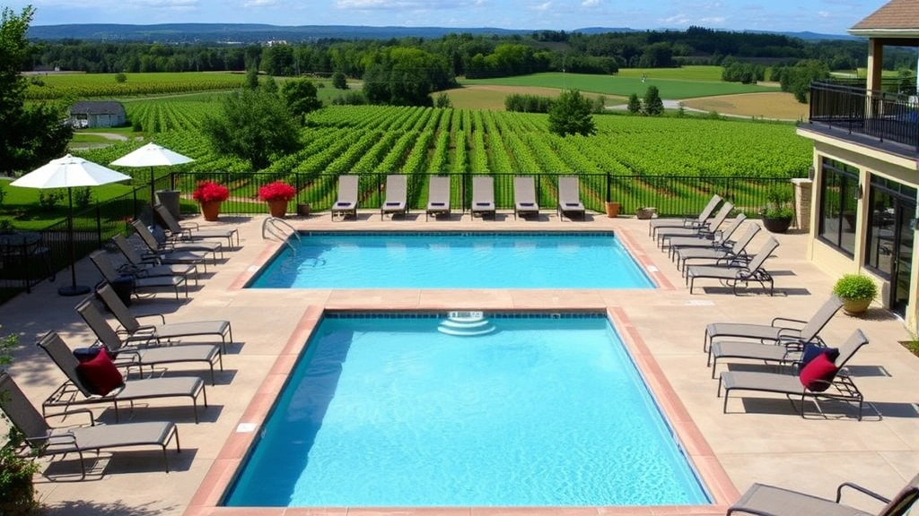 Outdoor resort pool area surrounded by lounge chairs with Finger Lakes vineyard landscape in the background, summer season, no text or signage